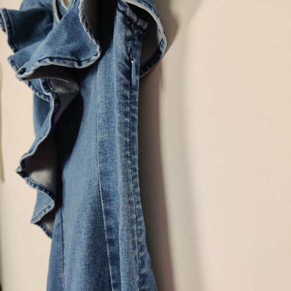 Bebe Women's Dress Size 4 Denim Blue Asymmetrical Mini Bodycon Ruffled Summer - Picture 3 of 8